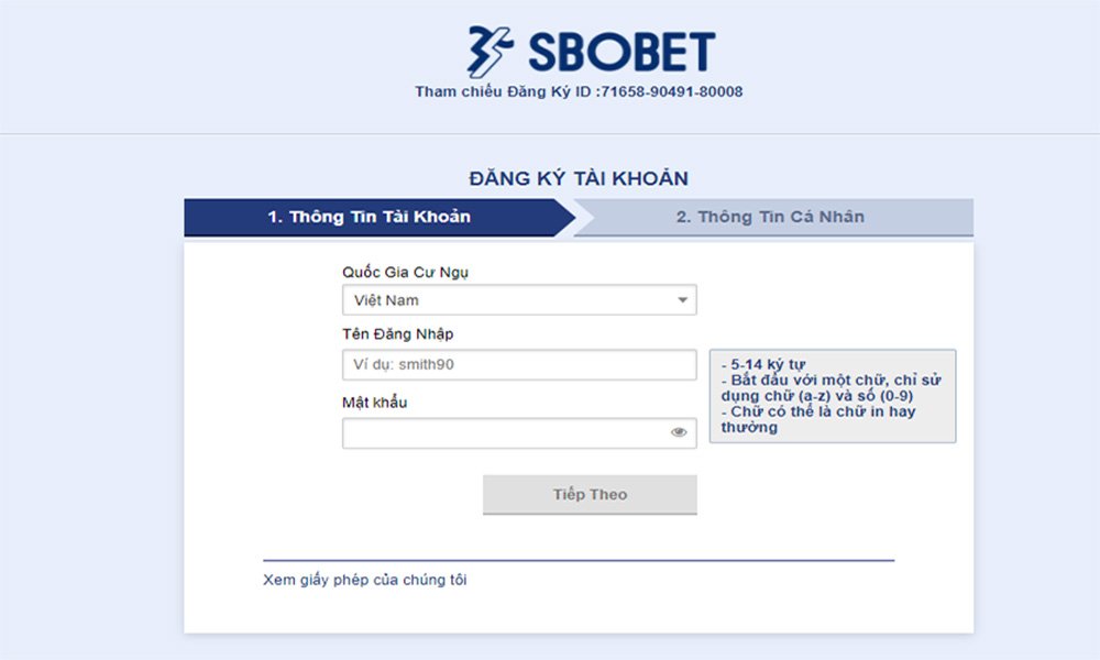 Form đăng ký Sbobet